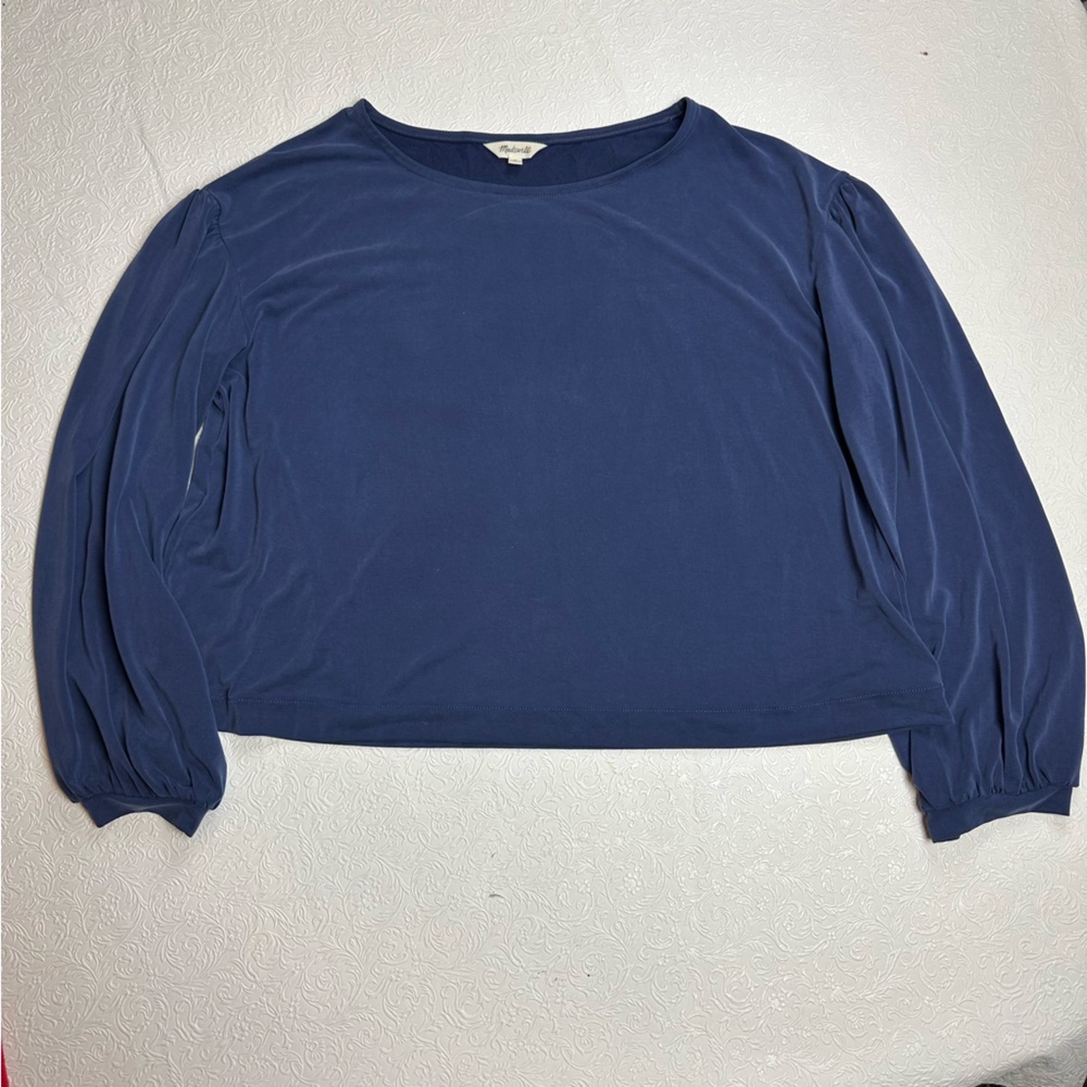 Madewell Navy Blue Drapey Long Sleeve Blouse with Puffed Sleeves - Medium